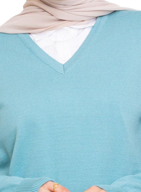 Deep Aqua V - Neck Knit Pullover - Khotwh